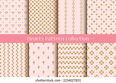 Set of Valentine's Day Seamless Patterns with Hearts in Pink and Gold colours.