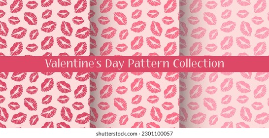 Set of Valentine's Day Seamless Patterns with Red and Pink Lips.