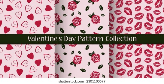 Set of Valentine's Day Seamless Patterns with Hearts, Roses and Kisses in Pink and Red Colours.