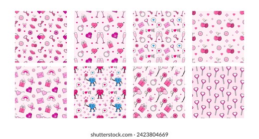 Set of Valentines day seamless patterns. Lovely heart.  Wedding and love concept.  Heart characters. Romantic element — hearts, gift, envelope, lips, balloons, ring, butterfly.  Wrapping paper.