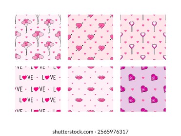 Set of Valentines day, seamless patterns. Lovely heart. Love concept.    Element — hearts, balloons, arrow, gift, lips. Wrapping paper. Decorative elements for children's rooms, Illustrations for chil