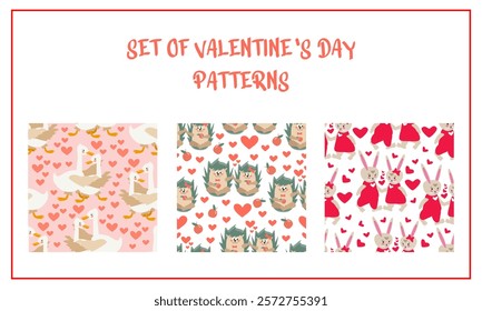 Set of Valentine's Day seamless patterns with cute cartoon geese, hedgehogs and rabbits in love for packaging design, fabric