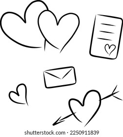 Set Valentine's day sketch, vector. Heart, letter, envelope, heart with arrow in black sketch style.