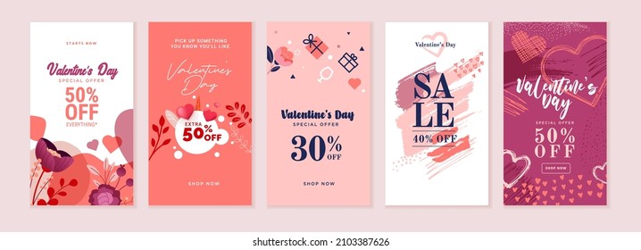 Set of Valentines day social media banners. Vector illustrations for social media banners, website banners, online shopping, sale ads, greeting cards, marketing material.