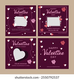 Conjunto de Plantillas de post de redes sociales del día de San Valentín, fondo rojo con diseño de Vector de decoración de amor, publicidad de moda. Ofrece Anuncios en redes sociales.