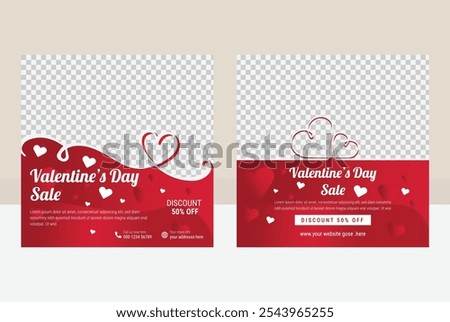 Set of Valentines day social media post templates,  Red background with love decoration Vector design, fashion advertising. Offer social media banners. vector photo frame mockup illustration