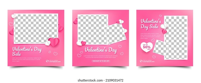 Set of Valentine's day square banners template. Editable banner with pink background and paper cut love illustration. With place for the photo. Usable for social media post, card, banner, and web ad.