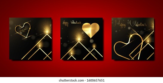Set of Valentines Day square greeting cards. Elegant luxury set Happy Valentine's Day greeting black card templates, Golden ornament with gold hearts and candle light flame, gold black background
