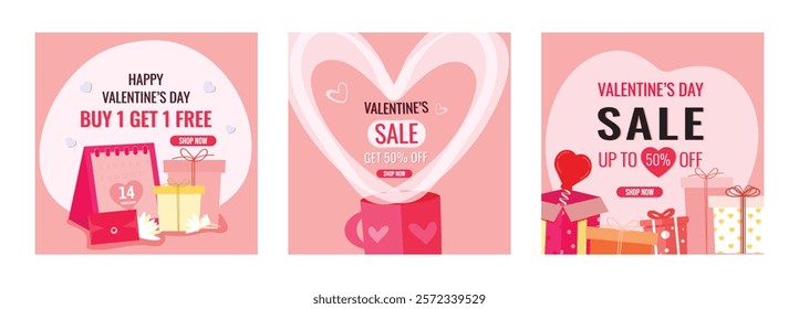 Set of Valentine's Day squrae banner for sale promotion with social media post concept. 