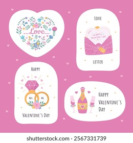 A set of Valentine's Day sticker icons: a floral heart, wedding rings, a love letter, and champagne on a pink background