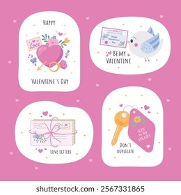A set of Valentine's Day sticker icons: love letters, keys, a bird, and a heart on a pink background