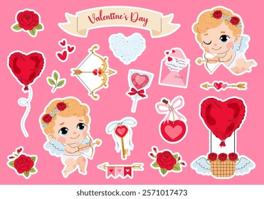 Set Valentine's Day stickers. Adorable cupids, hearts, roses, arrows, lollipop in flat style.