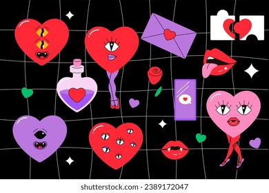 Set, valentine's day stickers, groovy psychedelic style