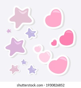 Set of valentines day stickers. Heart shape and star shape stickers.