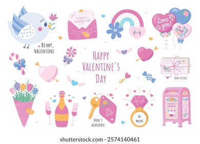 set of Valentines Day stickers love letters keys heart rainbow champagne ring bird on a whit