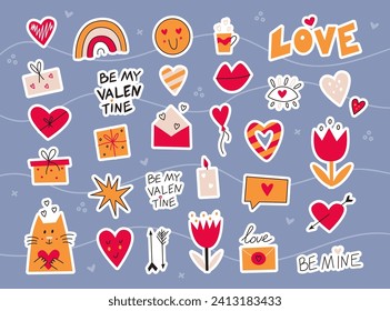 Set of Valentines Day stickers with pink hearts, lettering, cute cat and flowers. Flat illustration set on blue background