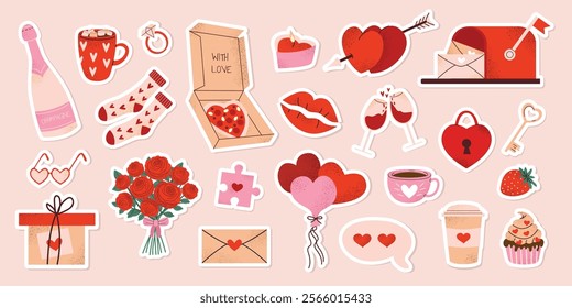 Set of Valentine's Day stickers with romantic cute elements: champagne, mug, socks, gift, bouquet, candles, balloons, puzzle, wine, lips, letters. Vector illustration on pink isolated background.