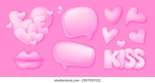 Set of Valentines day stickers, signs, hearts, symbols. Love, romantic design elements. 3d style letters, lips.