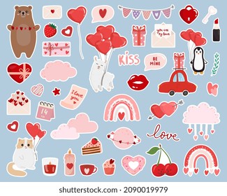 Juego de stickers del Día de San Valentín. La ilustración vectorial ama el concepto sobre fondo blanco. Perfecto para la decoración, tarjetas de felicitación. 