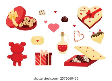 Set of Valentine's Day symbols in cartoon style.Vector illustration of boxes of different shapes with candies,cookies,bows,love potion,inflatable teddy bear,gift,hearts,letter,ice cream,caramel stick.