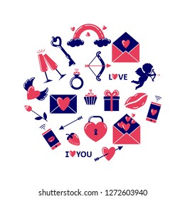 Set of valentine's day symbols enclosed in a circle shape. Valentines day icons. Symbols of love - heart, cupid, arrow, valentine, gift, lips, rose, ring, key, lock, message, rainbow, glasses, cake.