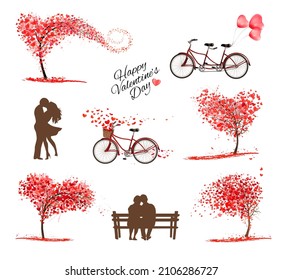 Set of Valentine's Day symbols and icons. Heart shaped tree, couple in love on a bench, bicycle with a red ballons and tree with heart-shaped leaves. Vector