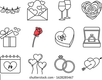Set of valentine's day symbols on white background. Valentines day flat line icons. Symbols of love - heart, arrow, valentine, gift, rose, ring, message, glasses