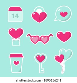 Set of valentine's day symbols on turquoise background. Valentines day pink flat icons - stickers. Symbols of love - heart, valentine, key, lock, message, glasses, bubble, balloons. 