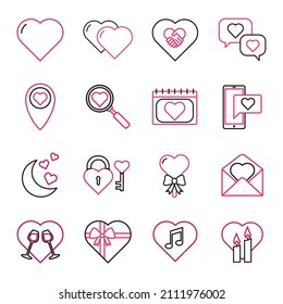 Set of valentine's day symbols on white background. Valentines day colour line icons. Symbols of love - heart, valentine gift, key, lock, message, and many more.