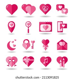Set of valentine's day symbols on white background. Valentines day flat icons with drop shadow. Symbols of love - heart, valentine gift, key, lock, message, and many more.