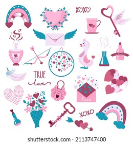 Set of valentine's day symbols on white background. Valentines day flat icons in pink colors. Symbols of love - heart, arrow, valentine, gift, flower, key, lock, message, rainbow, potion, bird