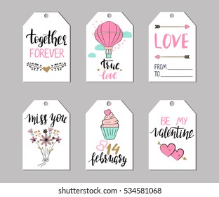 Set of Valentine's day tags. Cute elements and hand lettering. 