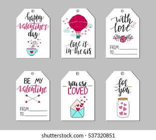 Set of Valentine's day tags. Cute elements and hand lettering.