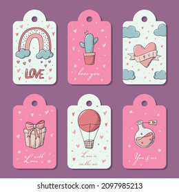 set of Valentines day tags and labels decorated with lettering quotes and doodles. Good for prints, cards, stickers, prints, giftware, etc. EPS 10