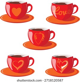 A set of Valentine's Day tea cups. Cozy red cups with orange hearts. Vector illustration of isolated elements with Valentine's Day symbols.
