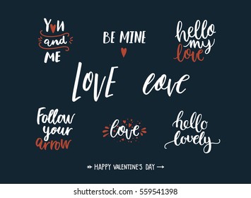 Set of Valentines day text, black and red. Vector letters, romantic quote for design greeting cards, photo overlays, holiday invitations.
