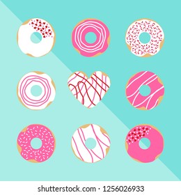 Set of Valentine's  day theme doughnuts on blue background