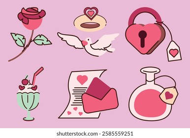 A set of Valentine's Day themed icons including a rose, a heart, a lock, a key, a cup, a bottle, a vase, a bird, and a cake