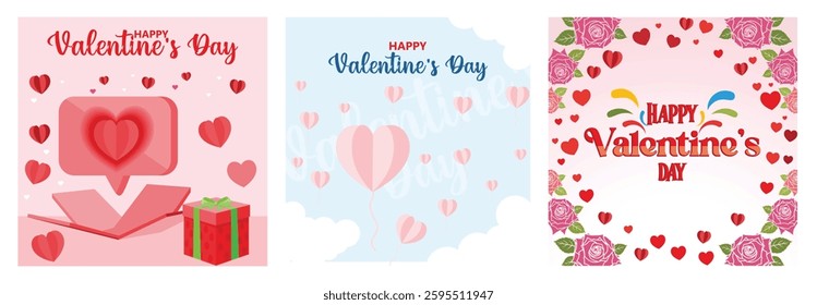 Set of Valentine's Day themed illustrations featuring hearts, roses, hot air balloons, and gifts. Delicate and romantic designs promoting love, affection. Set flat vector illustration.