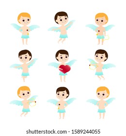 Set for Valentine's Day there are many Cupids in different poses: holds a heart, shoots, flies, stands, holds an arrow. Angels with wings and light and dark hair. Vector stock illustration.