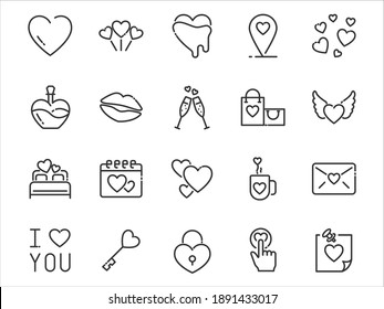 set of Valentine's day thin line icons, hearts, love, shape, romance, charity