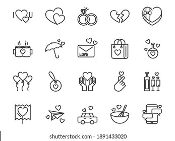 set of Valentine's day thin line icons, hearts, love, shape, romance, charity