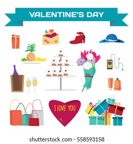Set of valentines Day things. Vector flat cartoon illustration