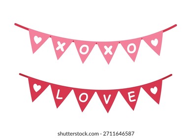 Set of Valentines Day Triangle Pennant Banner Bunting Vector Illustration.
Valentine's Day Party Decoration element.
White background.
