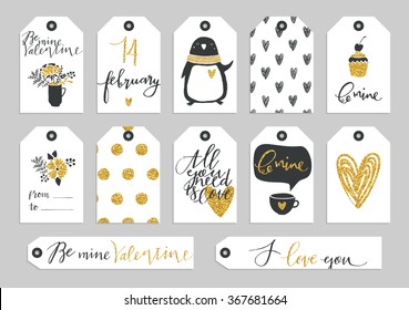 Set of Valentine's Day typographic gift tags and labels in gold. For greeting card, poster, menu, party invitation, social media, web banner, gift wrapping paper, planner, diary, notes.