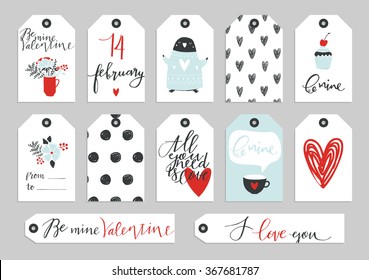 Set of Valentine's Day typographic gift tags and labels in gold. For greeting card, poster, menu, party invitation, social media, web banner, gift wrapping paper, planner, diary, notes.