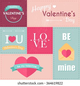 Set of Valentine's Day typographic tags and labels. Cards with ornaments, hearts, ribbon and arrow. Decorative elements for card, poster, web banners, social media and party invitation. 