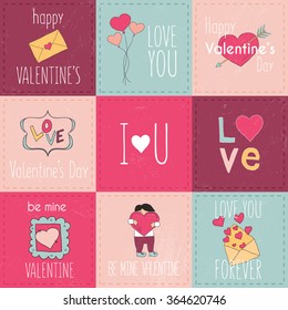 Set of Valentine's Day typographic tags and labels. Cards with ornaments, hearts, ribbon and arrow. Decorative elements for card, poster, web banners, social media and party invitation. 