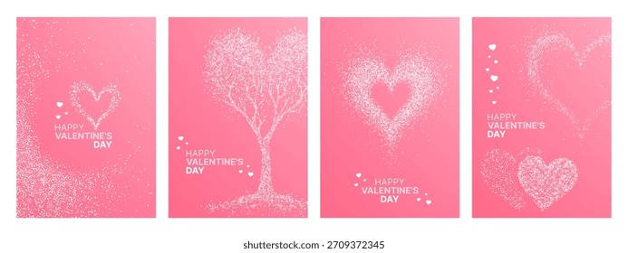 Set of Valentines day vector banners with hearts and love tree from white dots on pink background for social media story