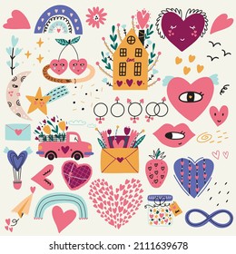 Set Valentines Day vector doodle hand drawn clipart. Romantic Love Heart, Flower, Bird, Paper Envelope Lettering decoration